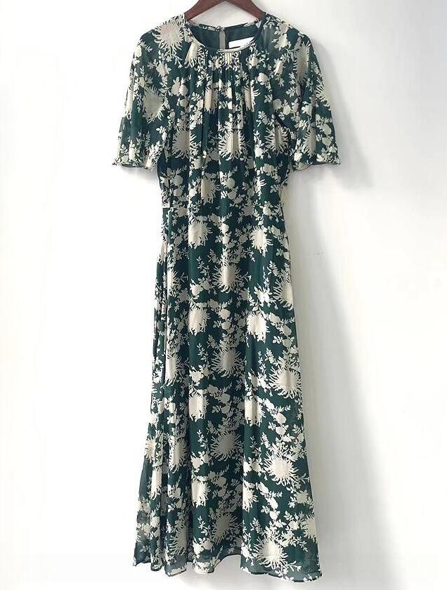 

Women floral print A-line dress crew neck short sleeve waist retraction, Green