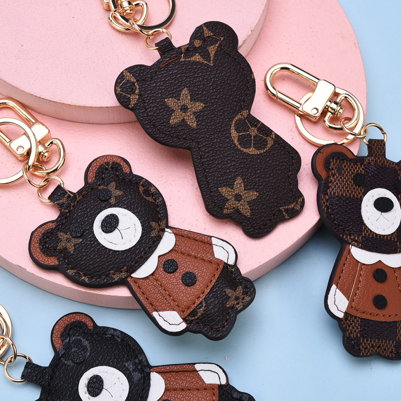 Luxury Plaid Keychain Classic Exquisite Designer Leather Cartoon Bear Car Keyring Zinc Alloy Unisex Lanyard Gift Jewelry Accessories High Quality-image-856255108