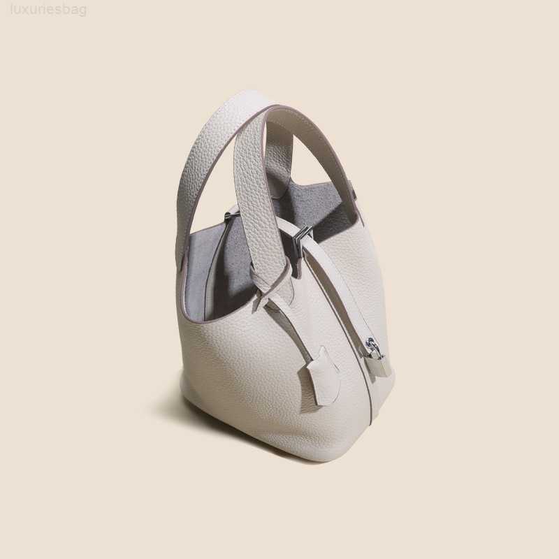 

Designer Luxury Bag Colorblocking Vegetable Basket Lychee Grain Head Layer Cow Leather Women's Highgrade Feeling Bucket Handbag Women Picotin, Milkshake white