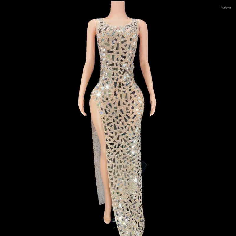 

Stage Wear Sparkly Rhinestones Mirrors Evening Gown Prom Party Birthday Dress For Women High Split Long Sexy Show Costume, Picture shown