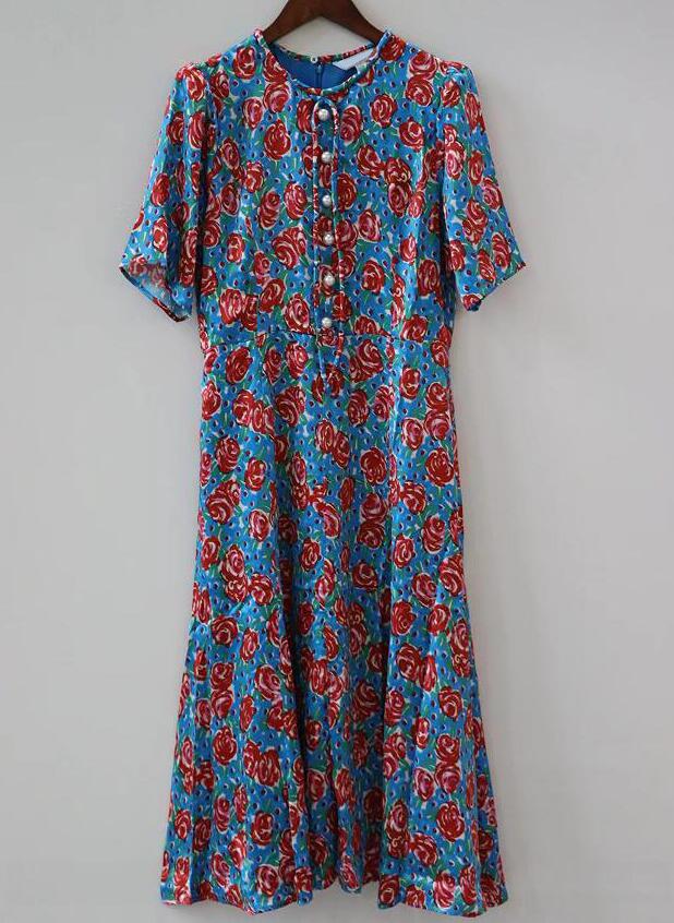 

Women bow rose print waist retraction A-line dress silk, Red