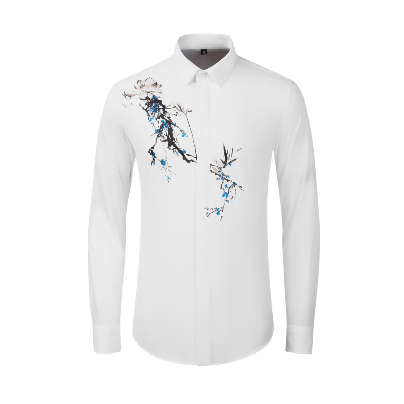 

New Arrival Autumn Winter Men's Bamboo Orchid Printed Long Sleeve Shirt Cotton Is Comfortable and Breathable Large Size -4XL, Xy-220448b black
