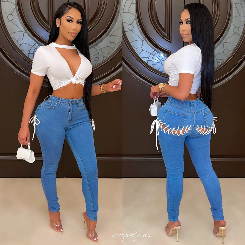 Vintage Skinny Denim Pants With Back Strap And Elastic Bandage For Women  2023 Designer Fashion Jean Trousers For Ladies In Blue Streetwear Wholesale  Clothes From Sell_clothing, $17.2