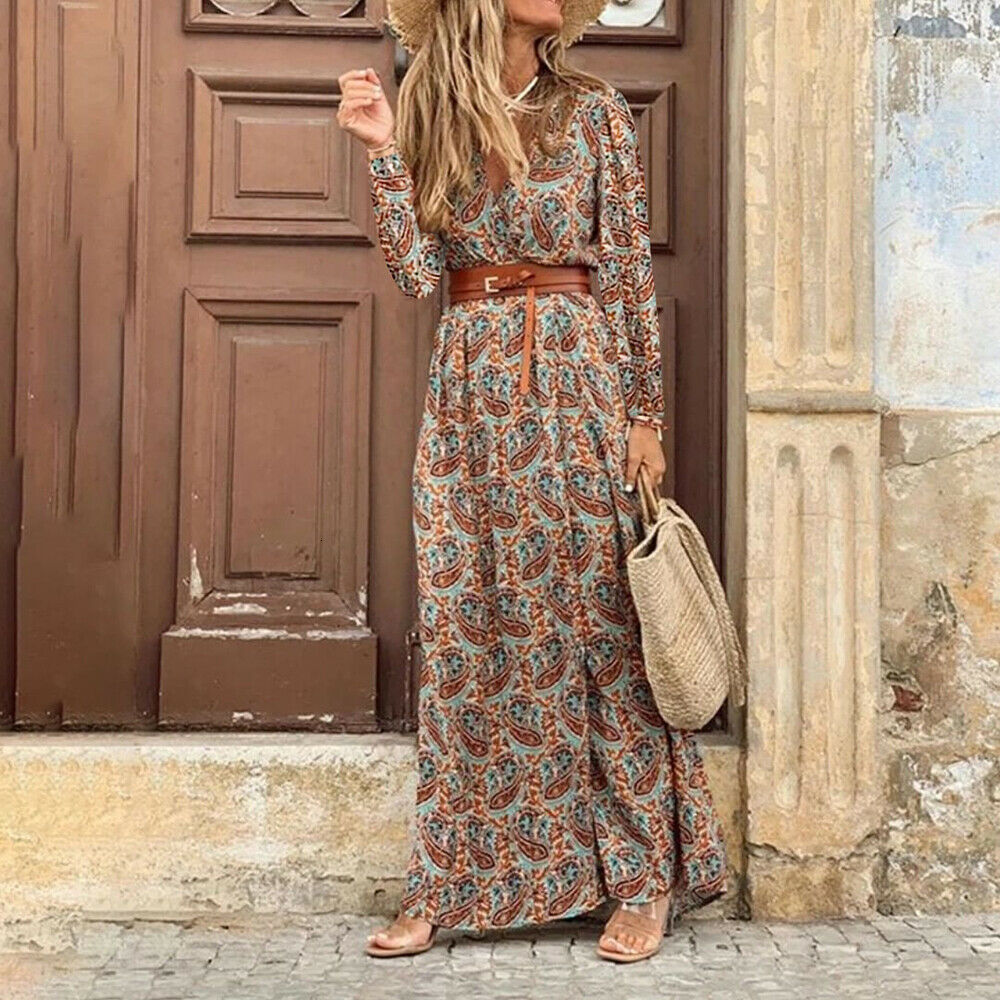 

Casual Dresses Autumn Dress Women' Fashion Bohemian V-neck Flower Print Long Dress Women' Short Sleeve Sexy High Split Long Dress 230404, Brown.