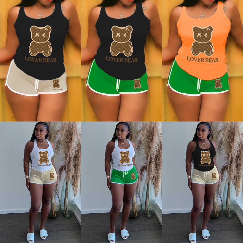 

Women Cartoon Print Tracksuits Two Piece Yoga Set Designer 2023 New Summer Casual Sportswear, White khaki