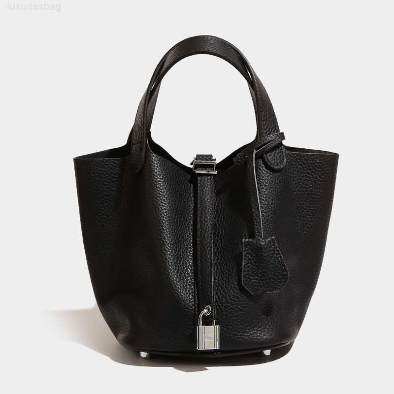 

Designer Luxury Portable Vegetable Basket Genuine Leather Women's Soft Cow Skin Litchi Pattern Pure Color Mother Water Bucket BagRAAONI36 Picotin, Black7
