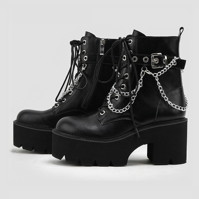 

Boots Punk style women's boots platform black round toes bulky high heels women's leather shoelaces chain lace shoelaces WSH4695 230404, Beige