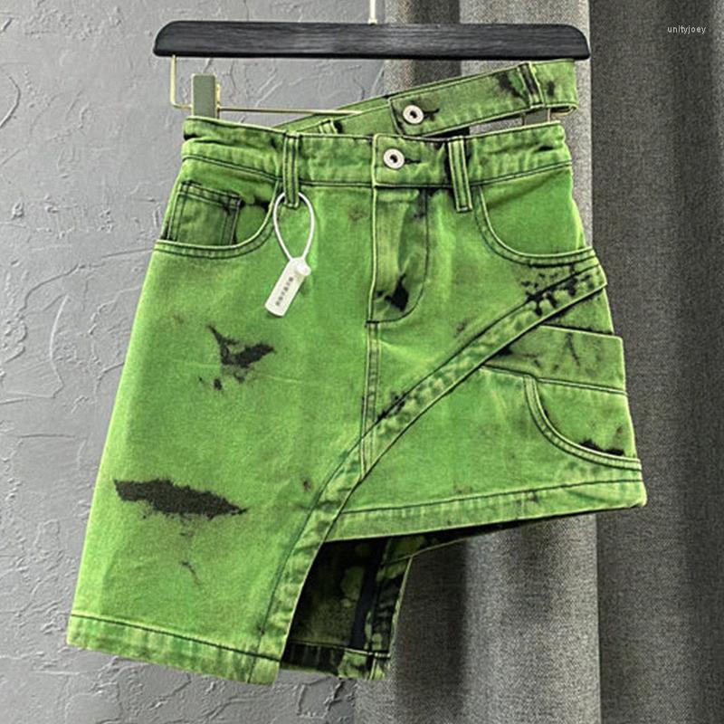 

Skirts Asymmetric Sashes Tie Dye Streetwear Above Knee Denim Tide Summer Botttom Fashion Y2k Women Jean High Waist, Green