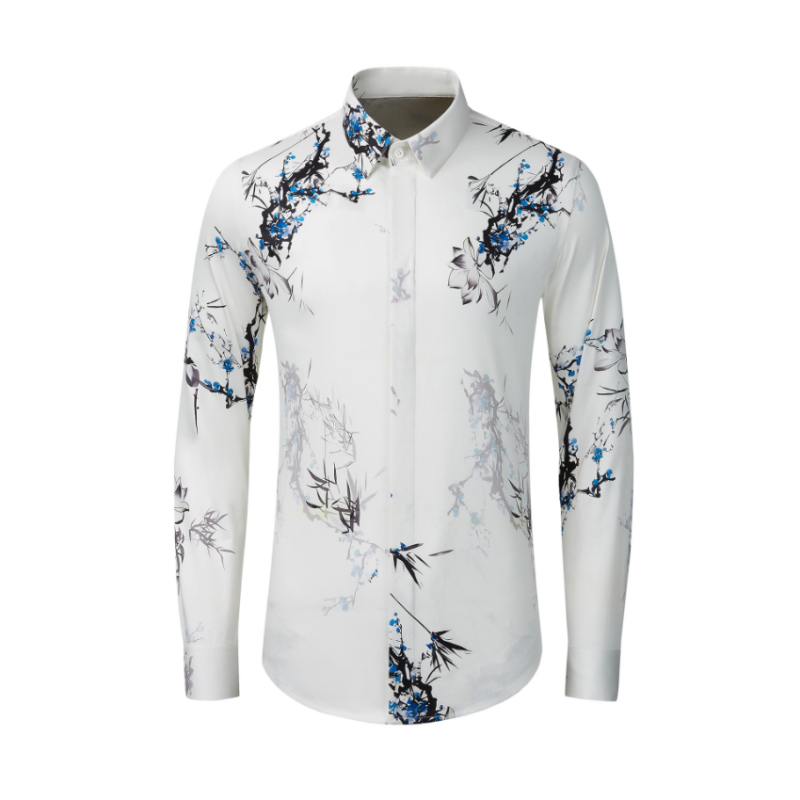 

New Arrival Autumn Winter Men's Bamboo Blue Digital Printing 100% Cotton Slim Shirt Comfortable Feel Men's Clothing Size M-4XL, Xy-220461b white