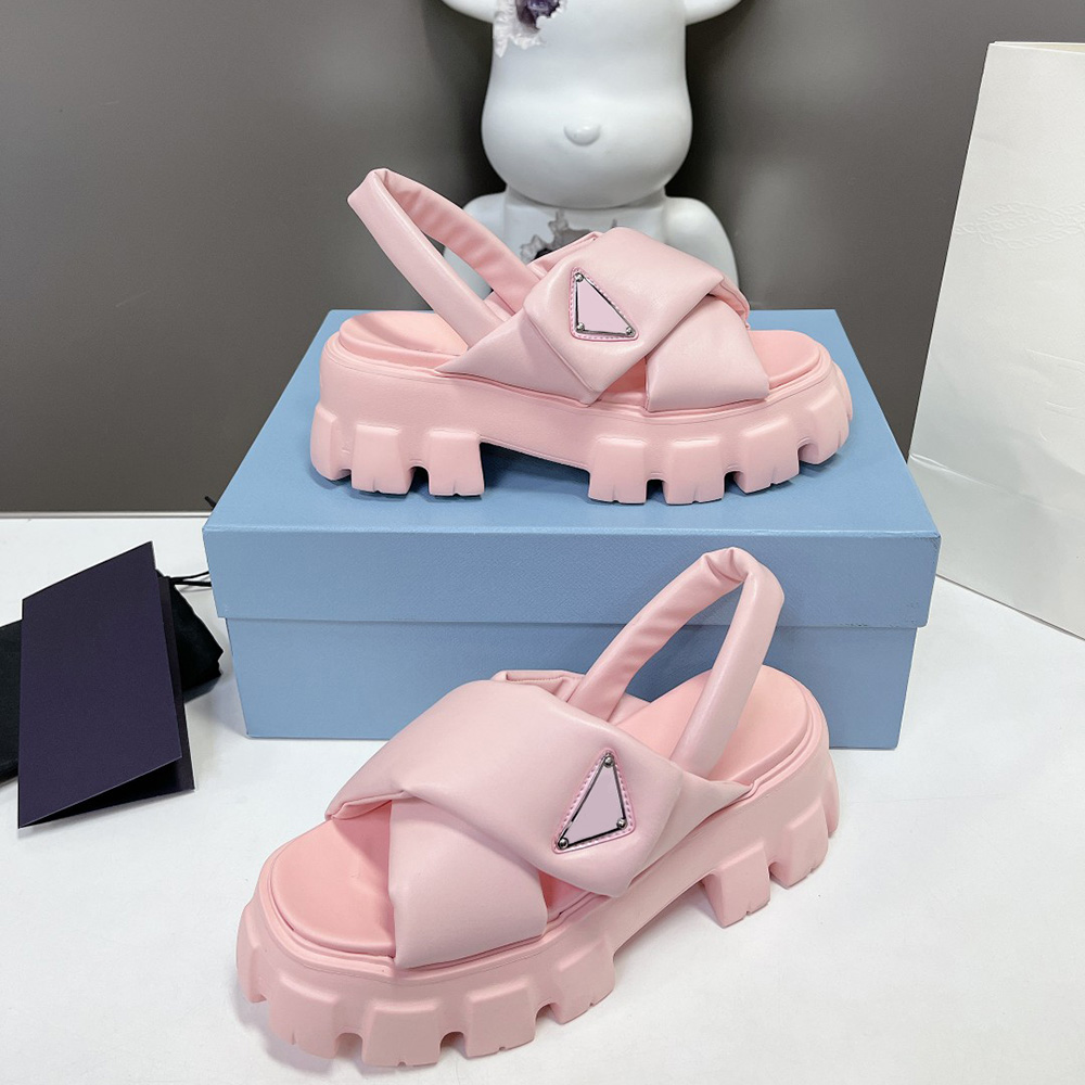 

padded nappa leather sandals chunky rubber sole Triangle mark designer Factory model Tape box, Black