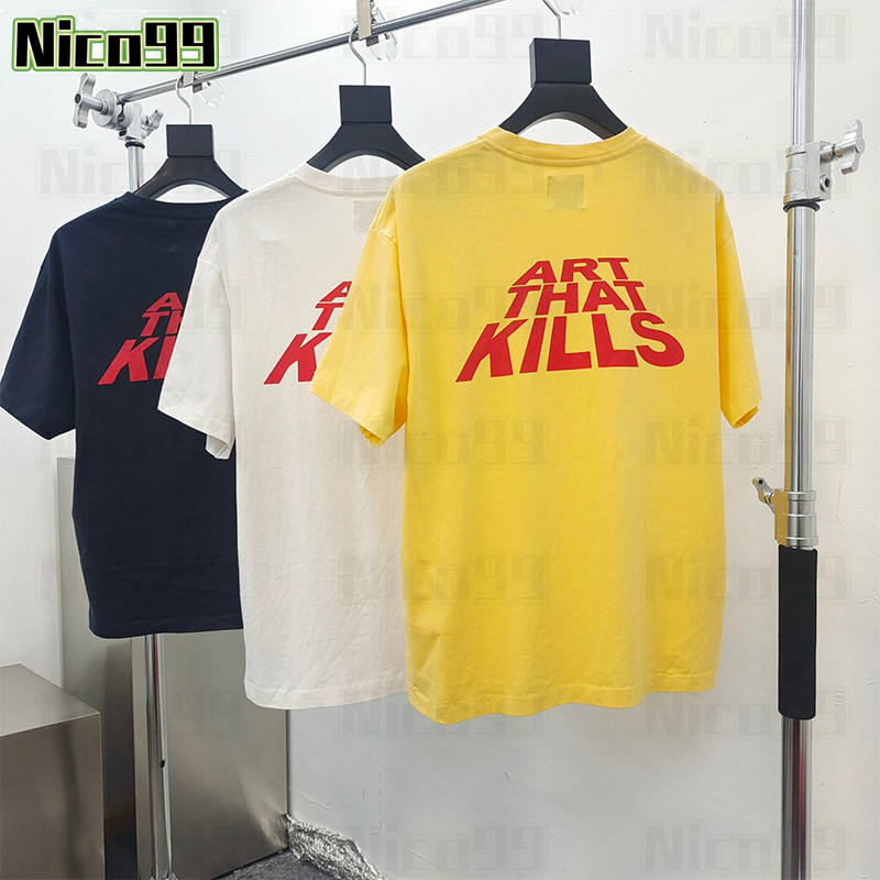 

23ss New t shirt red letter print pattern loose cotton black white yellow hundred men and women street short sleeve, #02 yellow