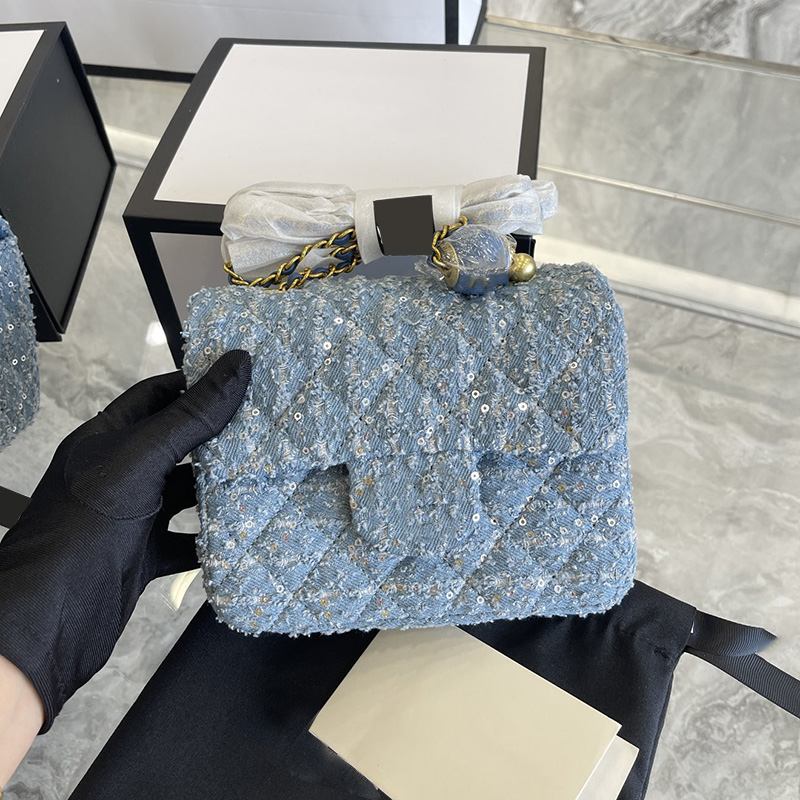 

Designer Womens Denim Sequins Shoulder Bags Classic Mini Flap Square Purse Gold Metal Hardware Quilted Crush Pearl Ball Crossbody Sacoche Handbags 17CM/20CM, Box