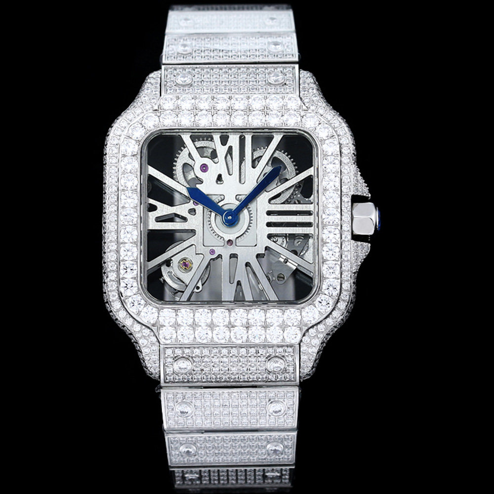 

Full Diamond Hollow Out Watch Mens Quartz Movement Watches 39.8mm With Diamond-studded Steel Bracelet Business Wristwatches Montre de Luxe, Silver