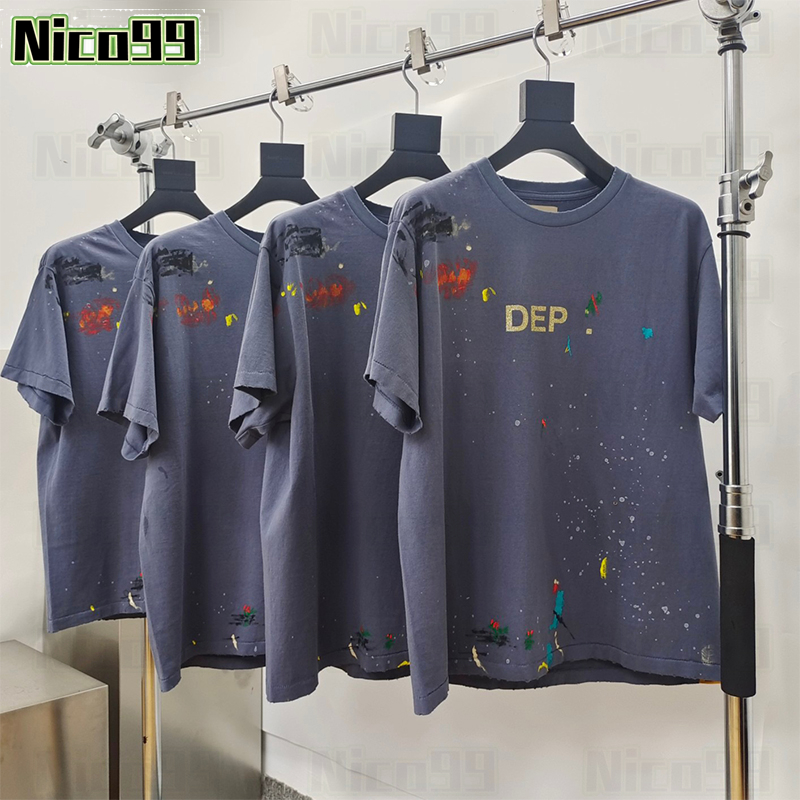 

23ss New t shirt ink splash paint retro do old blue and purple letter print pattern round neck loose personality versatile men women short sleeve, #01