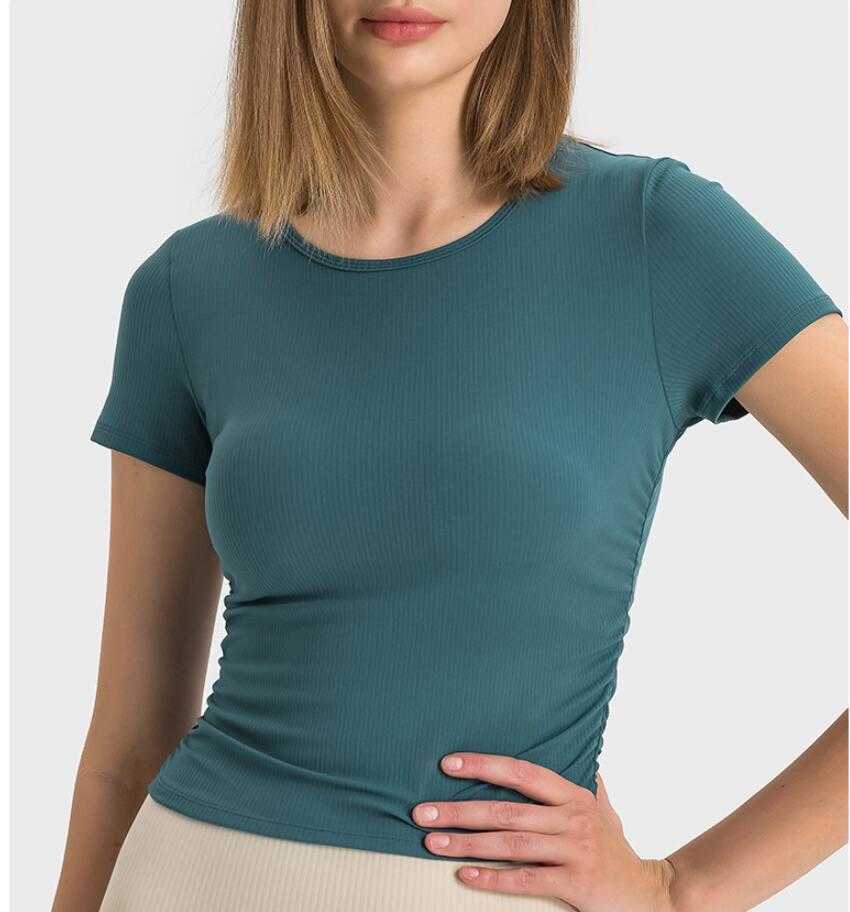

lu-374 Yoga Top Striped Rib Micropleated Waist Retractor Short Sleeve Sport Shirt High Stretch Nude Fit Slim Yoga T-shirt, Light green