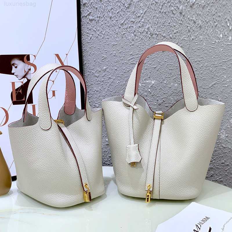 

Designer Luxury Vegetable Version First Layer Cowhide Basket Women's Leather Bucket Mother Bag Picotin, White with chicken yellow trumpet