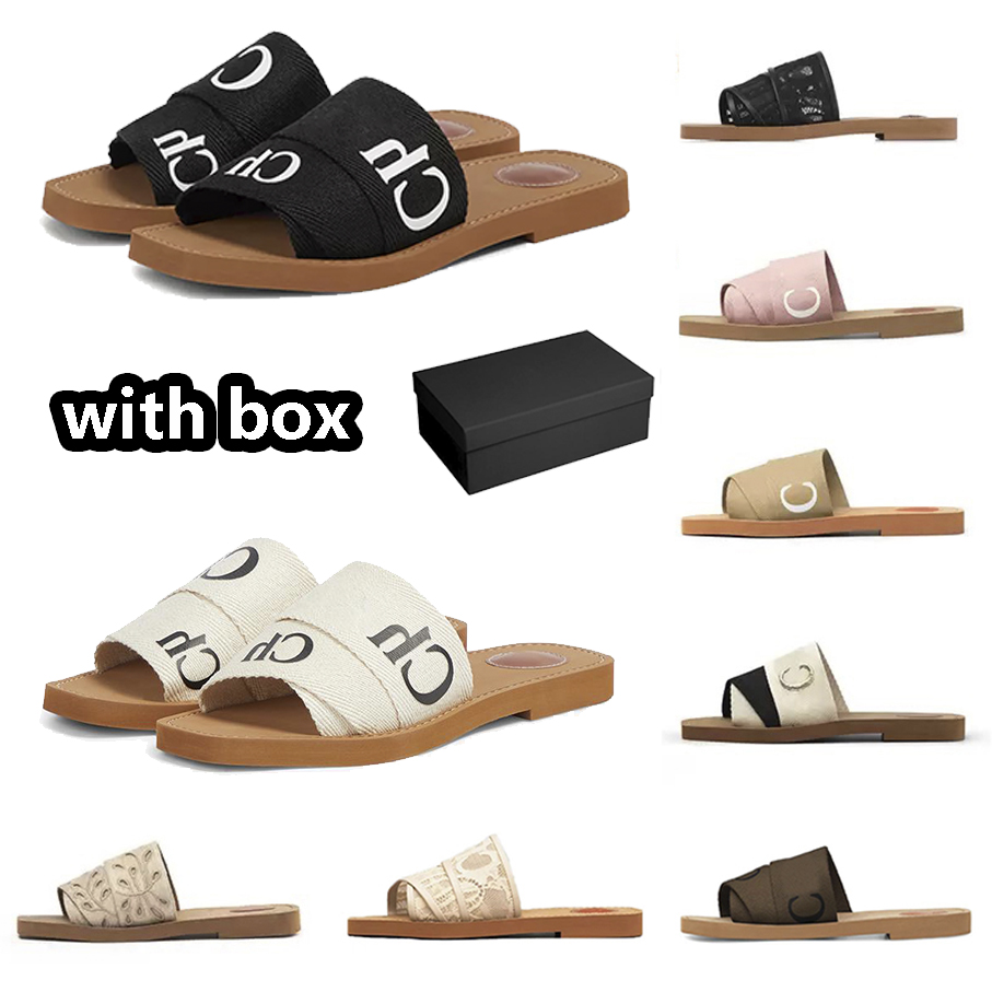 

designer Woody sandals with box women Mules flat slides Light tan beige white black pink Blue lace Lettering Fabric canvas slippers womens summer outdoor shoes, Item#1