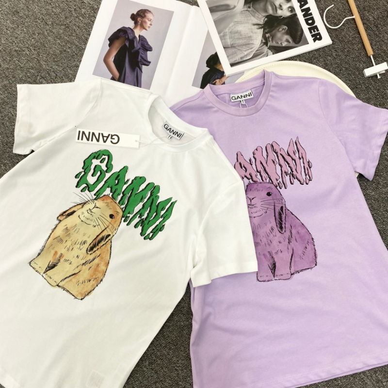 

Womens TShirt Ganni Cotton Printed Rabbit Short Sleeve Tshirt Summer Ladies Cute Casual Outdoor Home Clothes 230404, Lavender