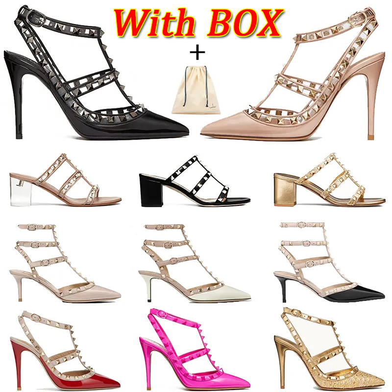 luxury valentinoity sandals designer women dress shoes rock stud high heels leather rivet black pointed peep-toes lady sexy party wedding platfor