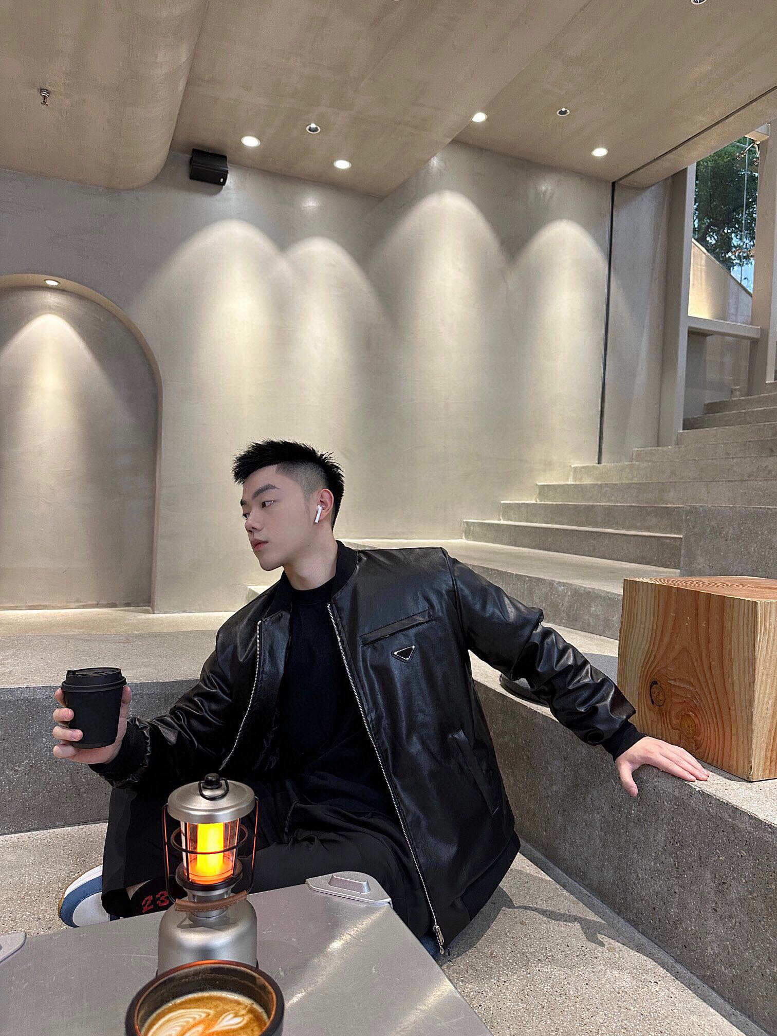 

Europe America leather jacket brand fashion leisure Faux leather jacket shirt V-neck oversized A must for street hipster men Chest badge embroidery top shirt, Black