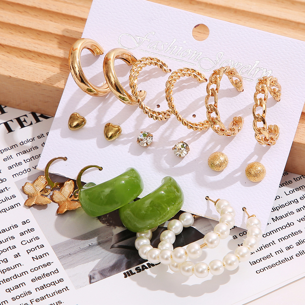 

Clip On Hoop Earring Set of 5 pairs Creative simple acrylic earrings alloy Metal earrings Pearl ear loops female