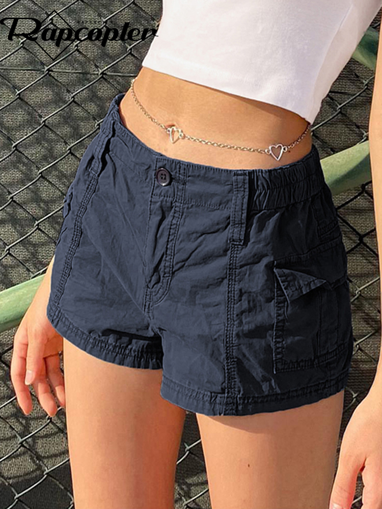 Women's Shorts Rapcopter y2k Solid Cargo Shorts Pockets Elastic Band Low Waisted Shorts Harajuku Retro Basic Casual Sporty Bottom Women Biker 2