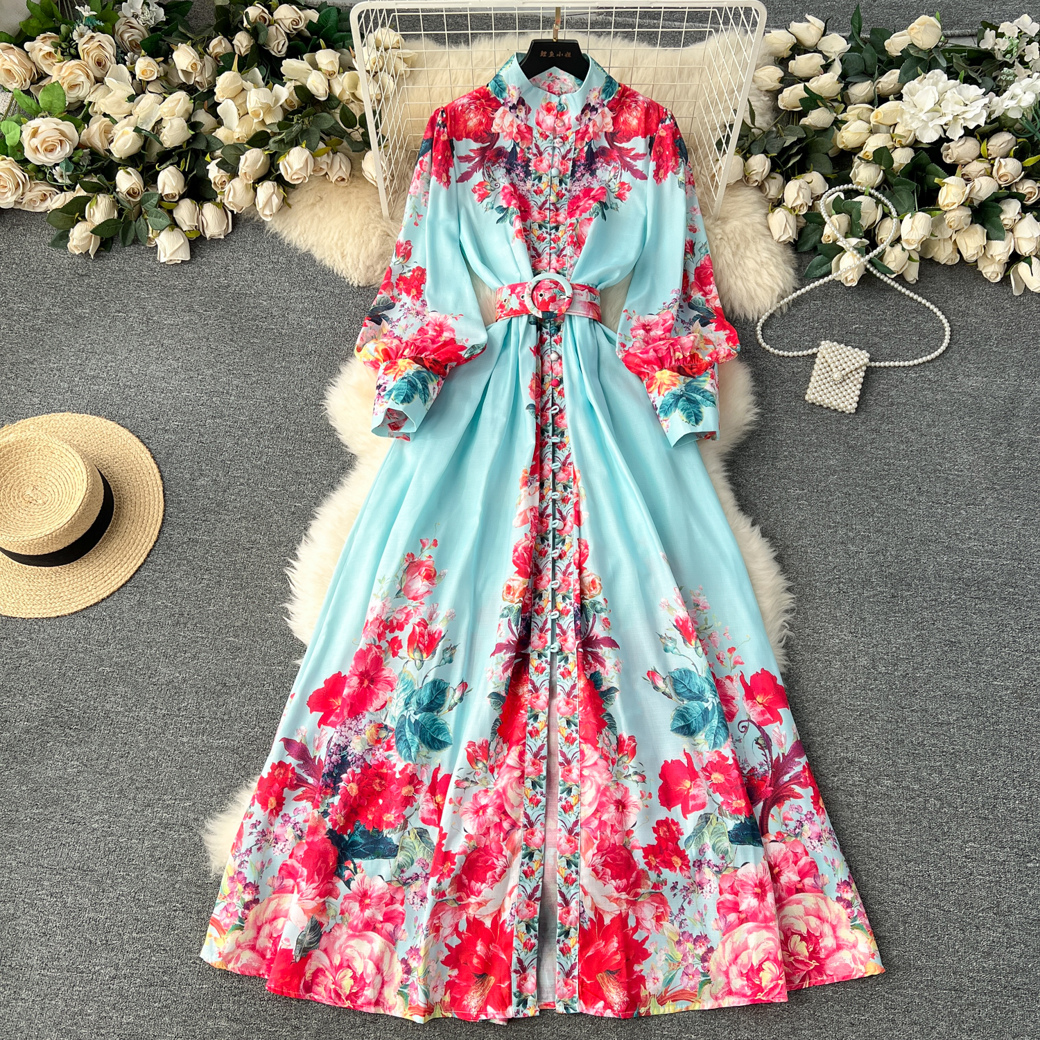 Basic Casual Women Dresses 2024 Fashion Holiday Gorgeous Flower Maxi Dress Women's Stand Long Lantern Sleeve Linen Floral Print Sashes Boho Robe Vestidos