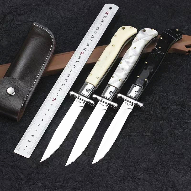 

Newest Big Size Real D2 A-K-C Folding Pocket Knife Acrylic Resin Handle Outdoor Camping Hunting Utility Survival Tactical Automatic Knives EDC Tool