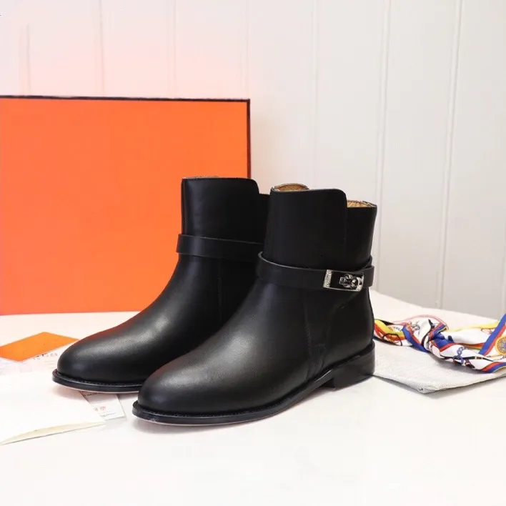 Top quality Buckle Black Calf Leather Boots Famous brand Ankle Boots Classic Designer Shoes Fashion Flats Winter Women low-heeled Half Boots 35-4-image-918241445