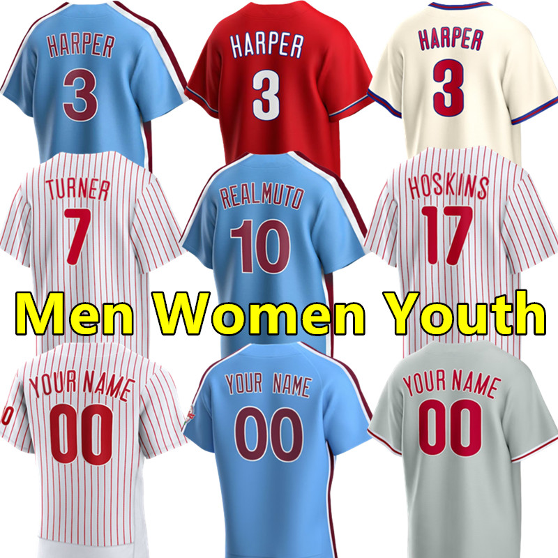 

Men Women Youth baseball jerseys 3 Bryce Harper 7 Trea Turner 12 Kyle Schwarber 17 Rhys Hoskins 8 Nick Castellanos 10 JT Realmuto 20 Mike Schmidt 45 Zack Wheeler jersey, Youth color 4
