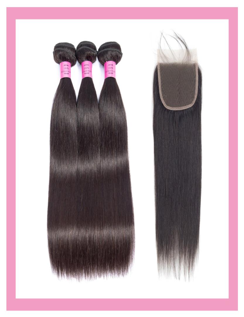 

Malaysian 5x5 Lace Closure Straight 100 Human Hair 3 Bundles With 55 Closures Middle Three Part Double Wefts4354532, Natural color
