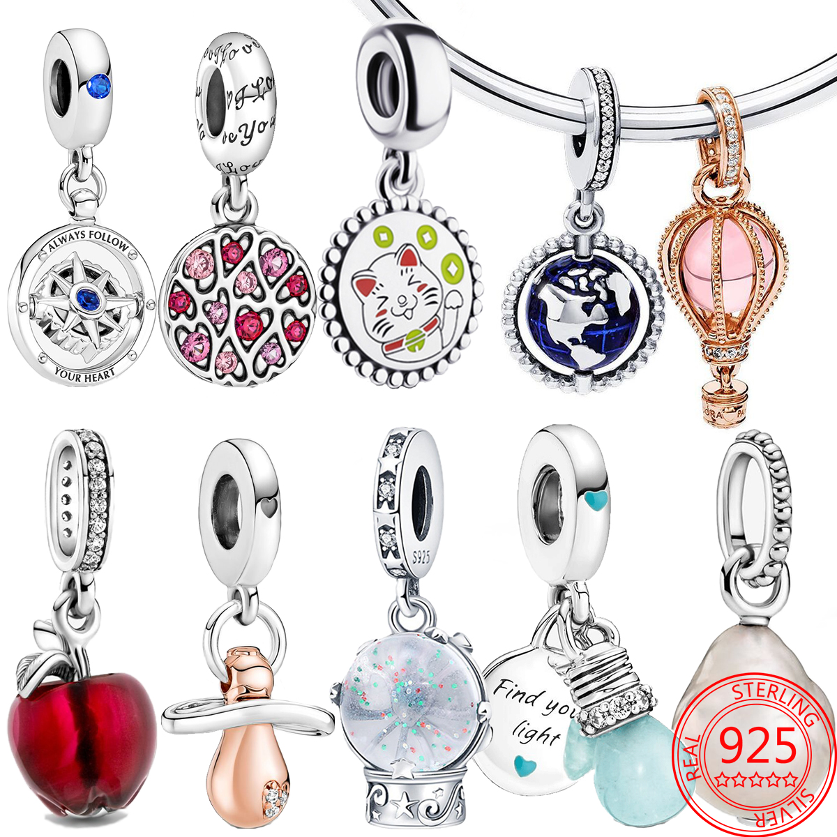 

925 silver Fit Pandora Original charms DIY Pendant women Bracelets beads Globe Angel Night Light Bulb Baby Pacifier