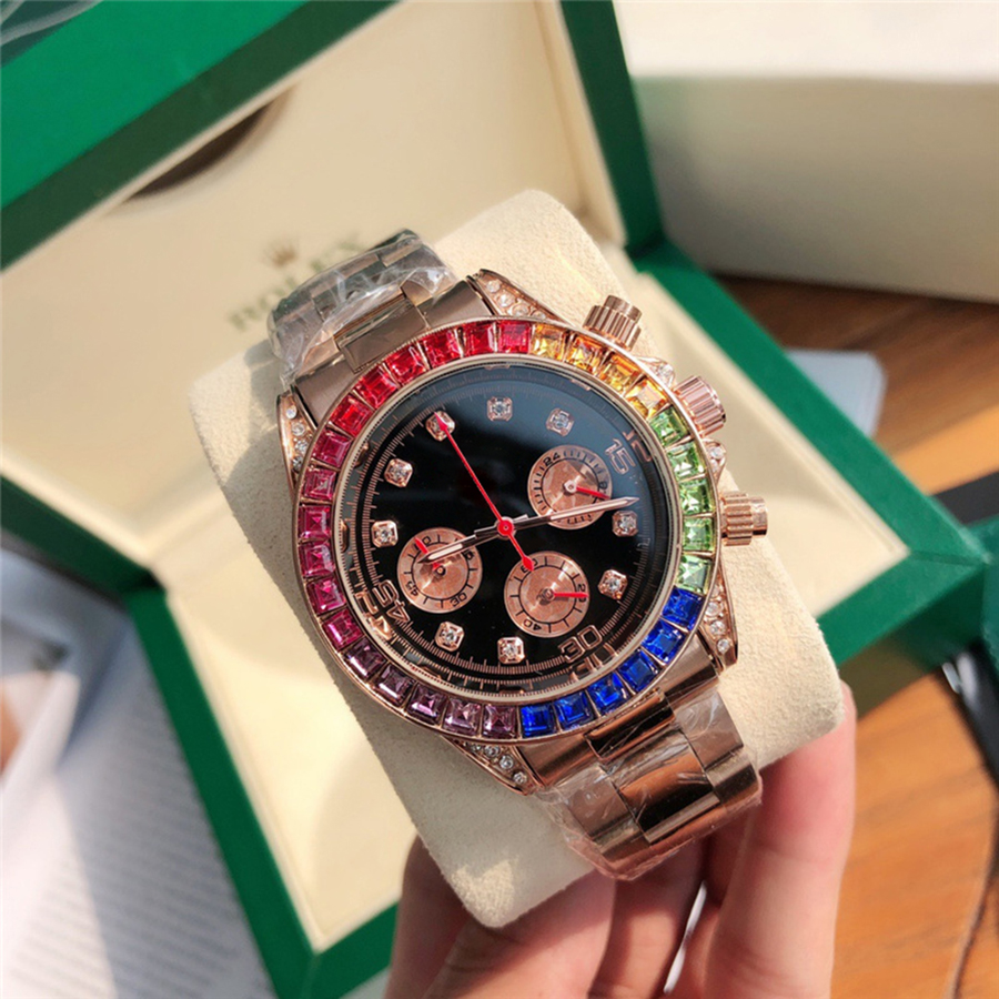 

Full Brand Wrist Watches Men Male Colorful Crystals Style Multifunction Luxury With Logo Stainless Steel Metal Band Quartz Clock Rol 268, Silver black