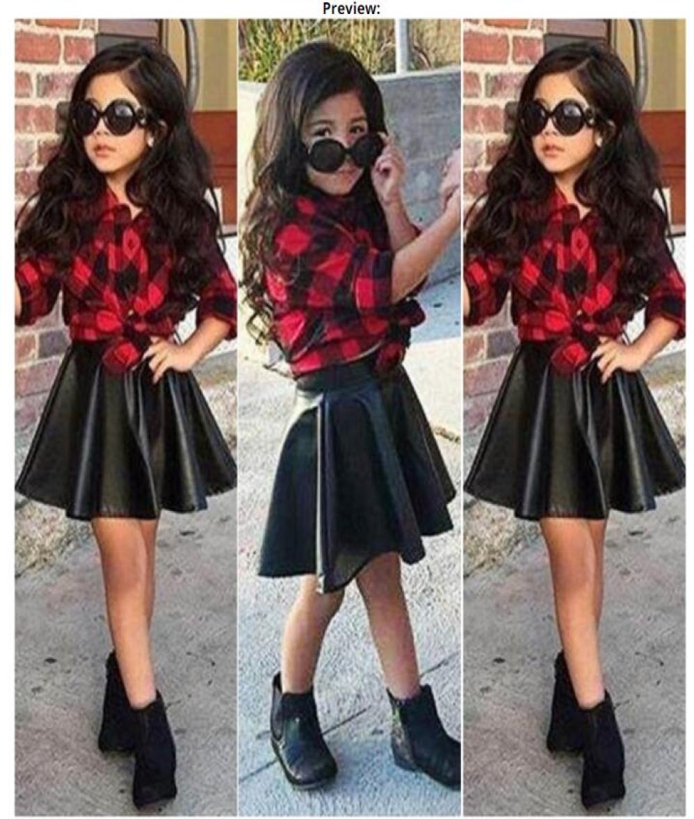 

Fashion Girls Kids Princess Plaid Tops Shirt Leather Skirt Summer Outfits Clothes fashion style selling Top suits B2471665463, Red