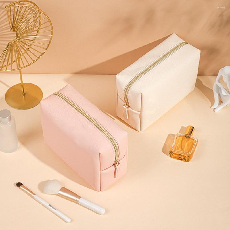 

Cosmetic Bags PU Leather Storage Bag Portable Women Make Up Waterproof Toiletries Organizer Fashion Zipper For Camping Hiking, Beige