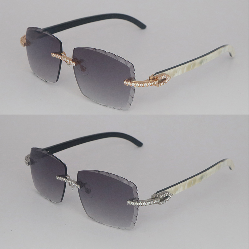 

621s issanite Diamond Set Rimless Sunglasses Womans Big Stones 2.5 Carat Diamond Sun glasses Original White Inside Black Buffalo Horn Men Women Diamond cut Lens