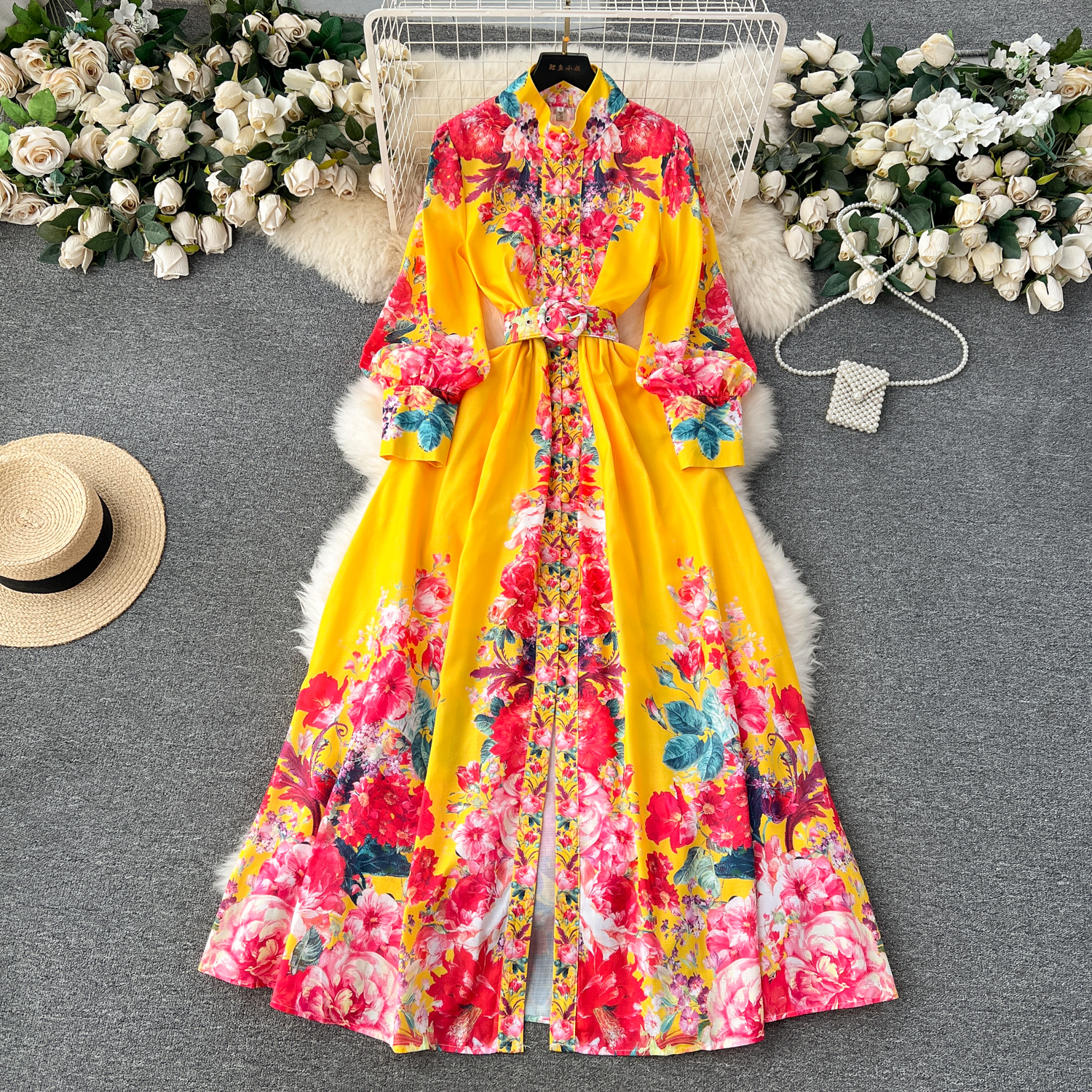 Basic Casual Women Dresses 2024 Fashion Holiday Gorgeous Flower Maxi Dress Women's Stand Long Lantern Sleeve Linen Floral Print Sashes Boho Robe Vestidos