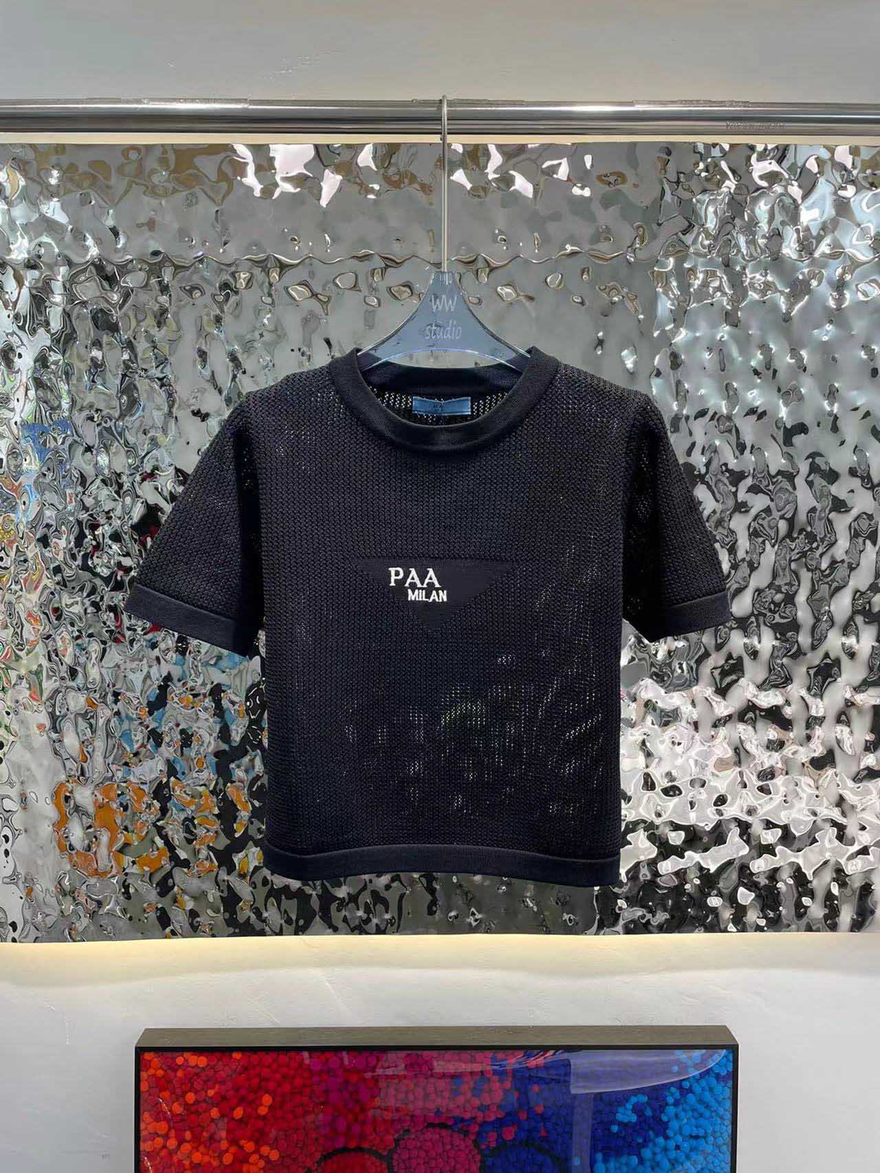 

PAA 2023 Women Clothing Knits Tees Designer luxury Fashion Jacquard Logo Letter Simple Casual Hollow out Knitted Short Sleeves black white, With logo