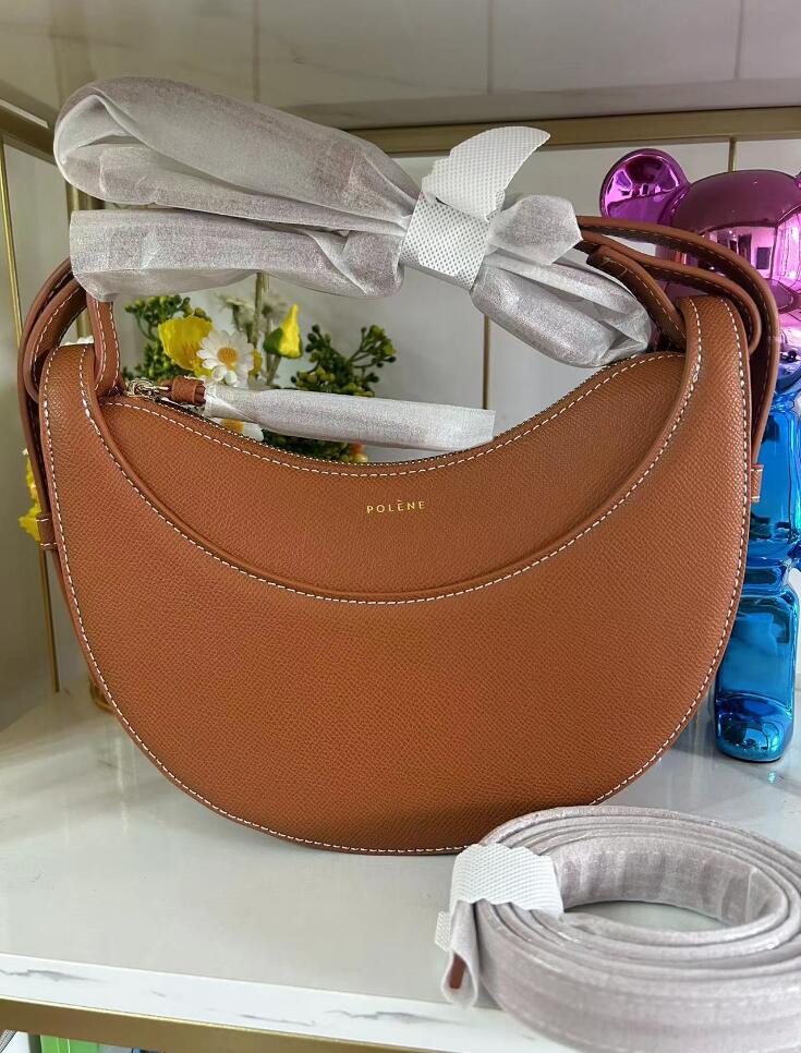 

2023 NEW Polene Number Ten Shoulder Underarm Bags Personalized Trendy Item Leather Lychee Handbag New Half Moon Bag saddle bag, Large black lychee print