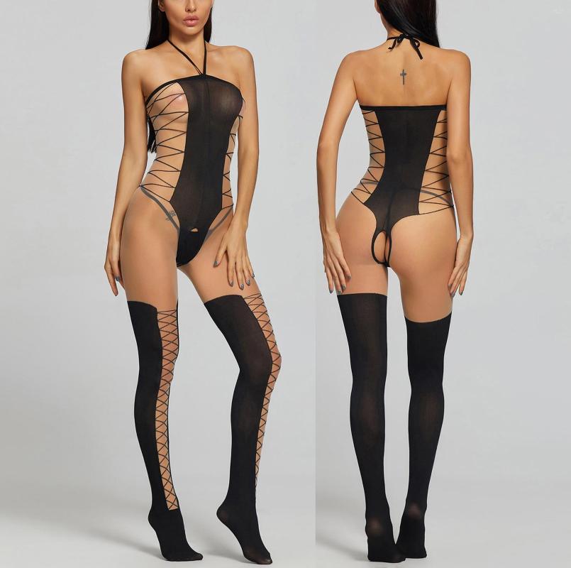 

Bras Sets Sexy Body Stockings Mesh Fishnet Teddy Bodysuits Women Erotic Lingerie Crotchless Bodystocking Porn For Sex Femme, Bk