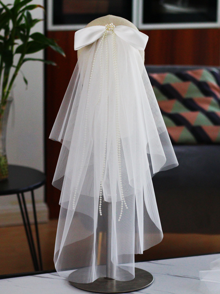 

2023 Wedding Veils Short Bridal Veils Soft tulle with Pearls Big Bow, Ivory