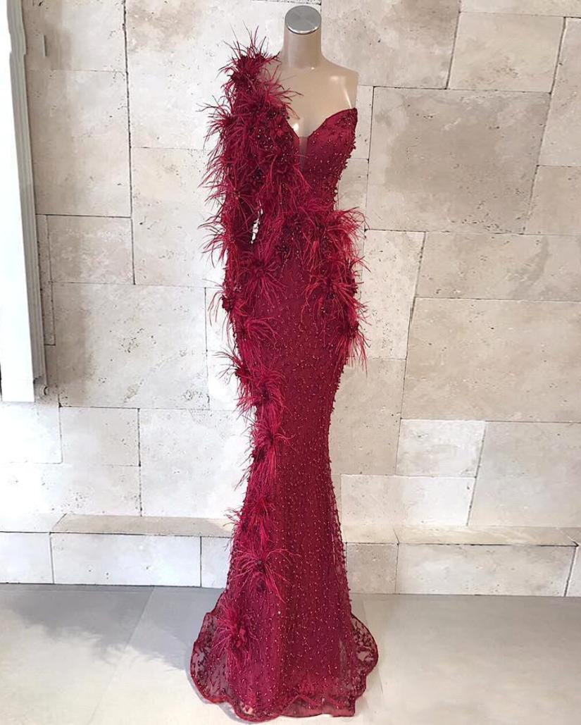 

Saudi Arabic Prom Dresses Evening Gowns Sleeves robe de soiree vestido de festa longo Feathers Mermaid Formal Party Dress Bead Cus2302050, Dark red
