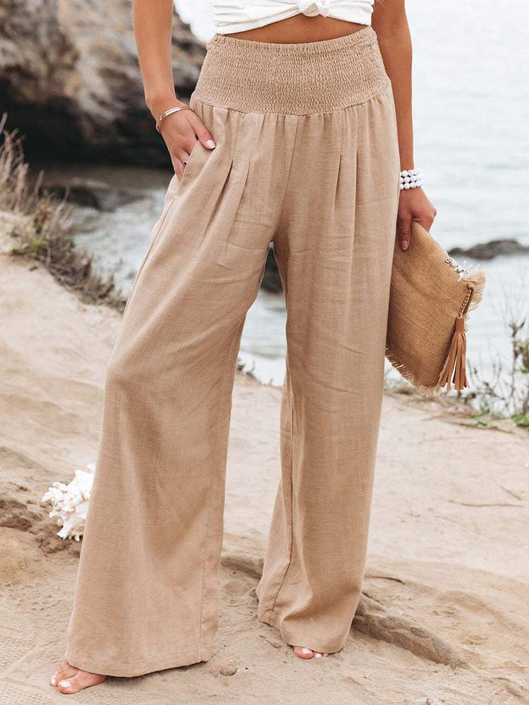 Women's Pants Capris Spring Summer Cotton Linen Style Women Loose Long Trousers Leisure Solid High Waist Ruched Beach Wide Leg Pants with Pocke