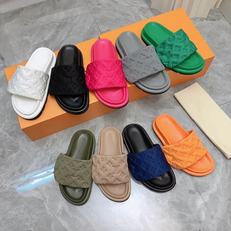 

Designers Pool Pillow Mules Women Sandals Sunset Flat Comfort Mules Padded Front Strap mens Slippers Fashionable Easy-to-wear Style Slides A6859