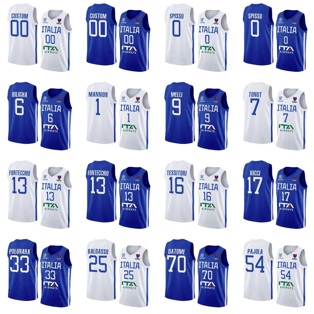 

Custom Italy Printed EuroBasket 33 Achille Polonara Basketball Jerseys 70 Luigi Datome 25 Tommaso Baldasso 54 Alessandro Pajola 2022 Blue Home White Away, Multi