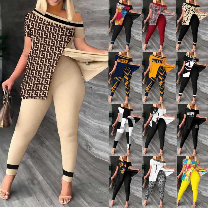 

Women Designers Clothes 2023 spring and summer Variety printing new women's two-piece irregular fashion pants set S -3XL, White printing