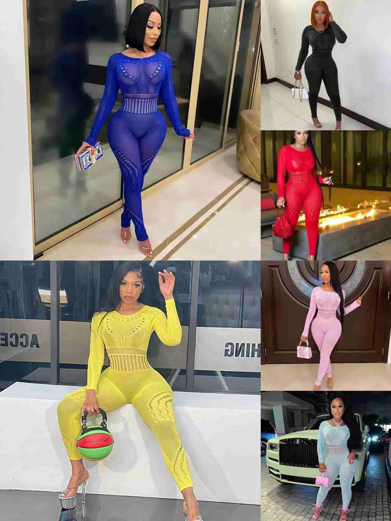 

Women's jumpsuits amp rompers New Sexy Long Sleeve Tight Hollow Through Perforated Jumpsuit plus size Pants Women, White
