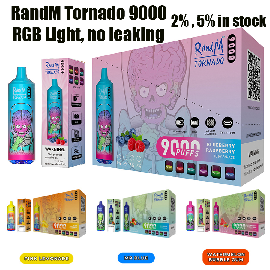 

RandM Tornado 9000 Puffs Disposable E Cigarettes Mesh Coil 18ml Pod 850mah Battery Rechargeable Electronic Cigs No Leaking 9K 2% 5% 38 Colors Original