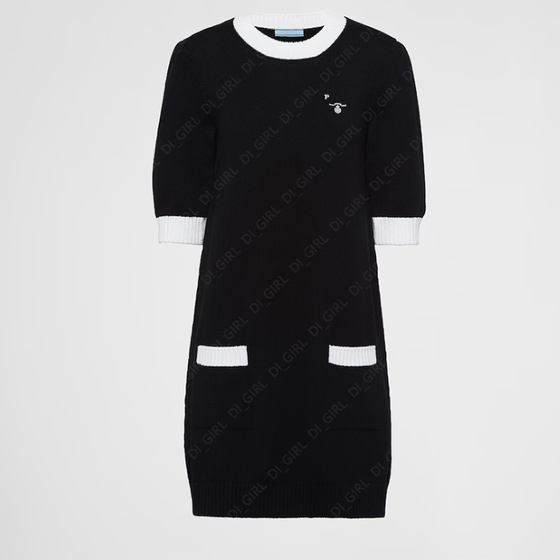 

Women Knitted Dress Designer Classic Letters Pattern Knit Dresses Fashion Crew Neck Knitted Skirts, Black
