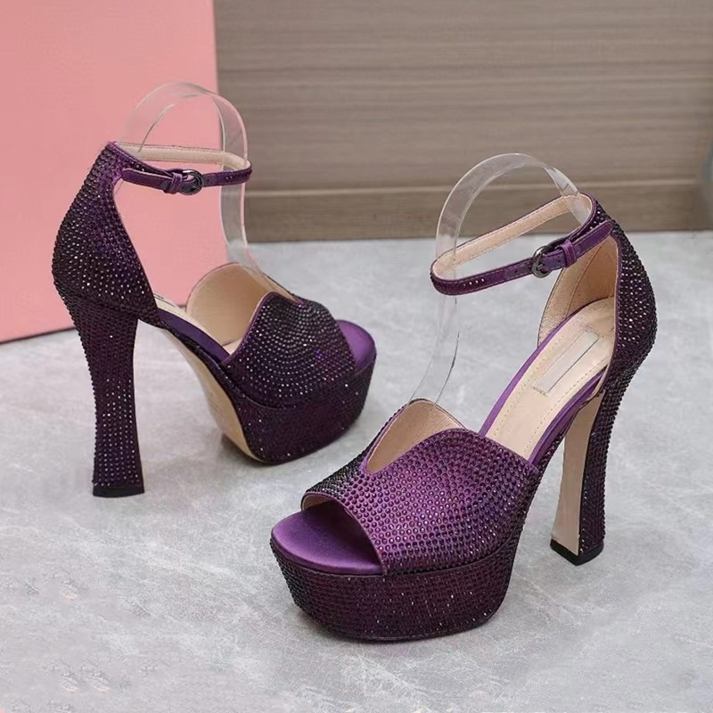 

rhinestone sandals Luxury Designers womens platform heel dress shoes Classic triangle buckle Embellished Ankle strap Pumps 14CM high Heeled women sandal with box, Bluebox